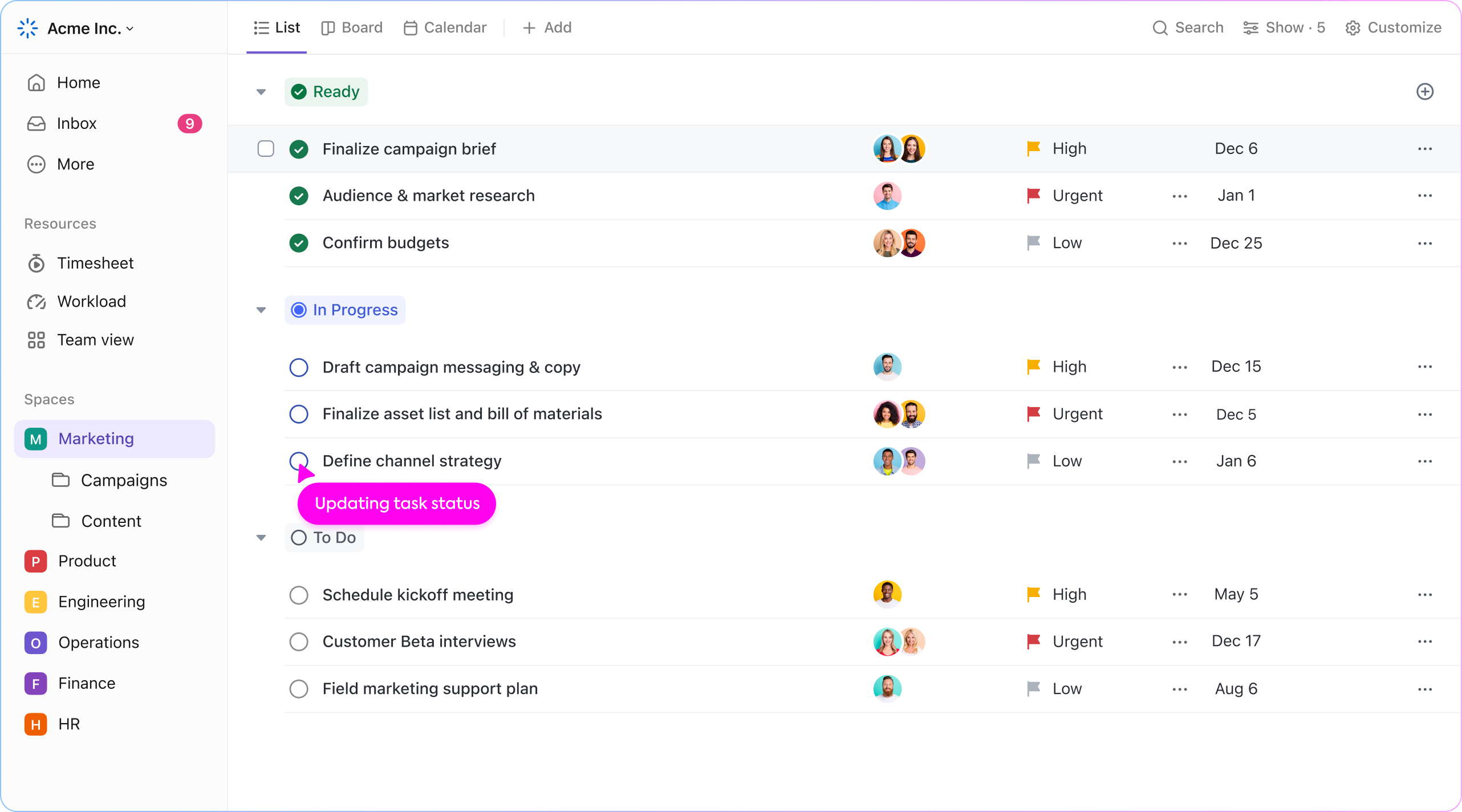ClickUp mind map view for projects