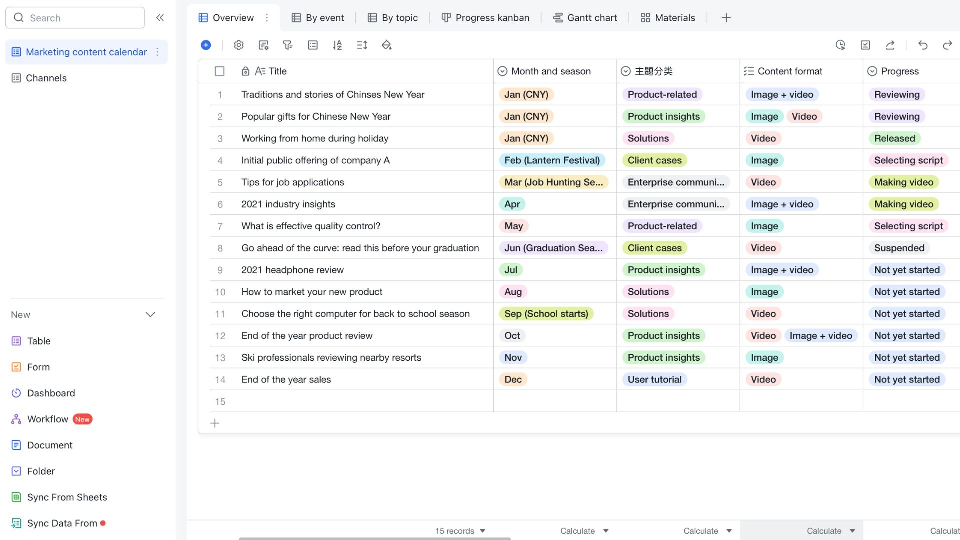 Lark Marketing Content Calendar template
