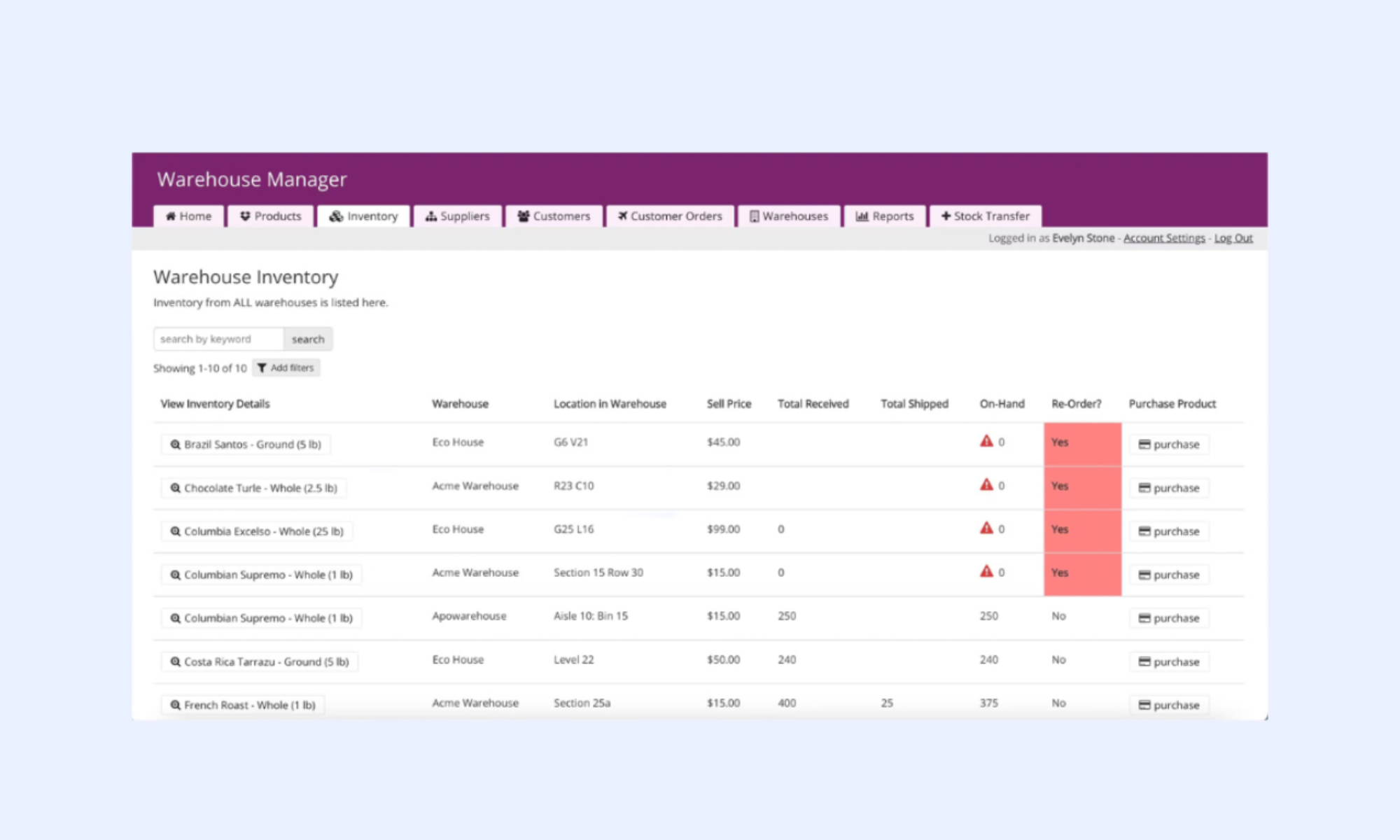 Warehouse inventory template for location-based storage