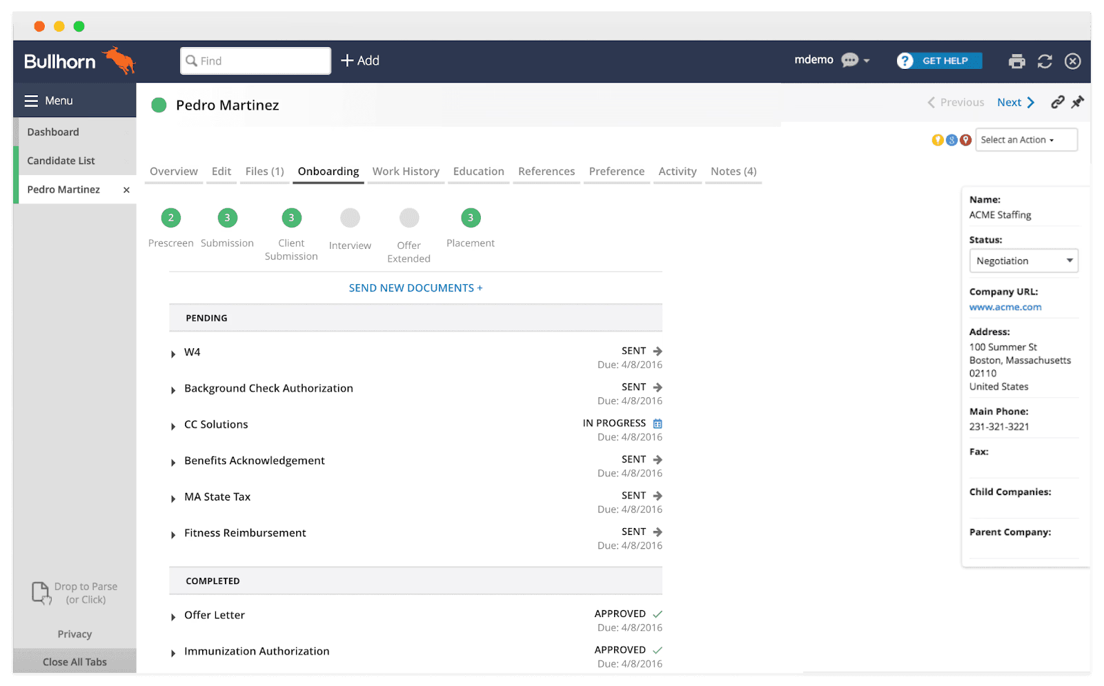 Recruitment crm software interface of Bullhorn