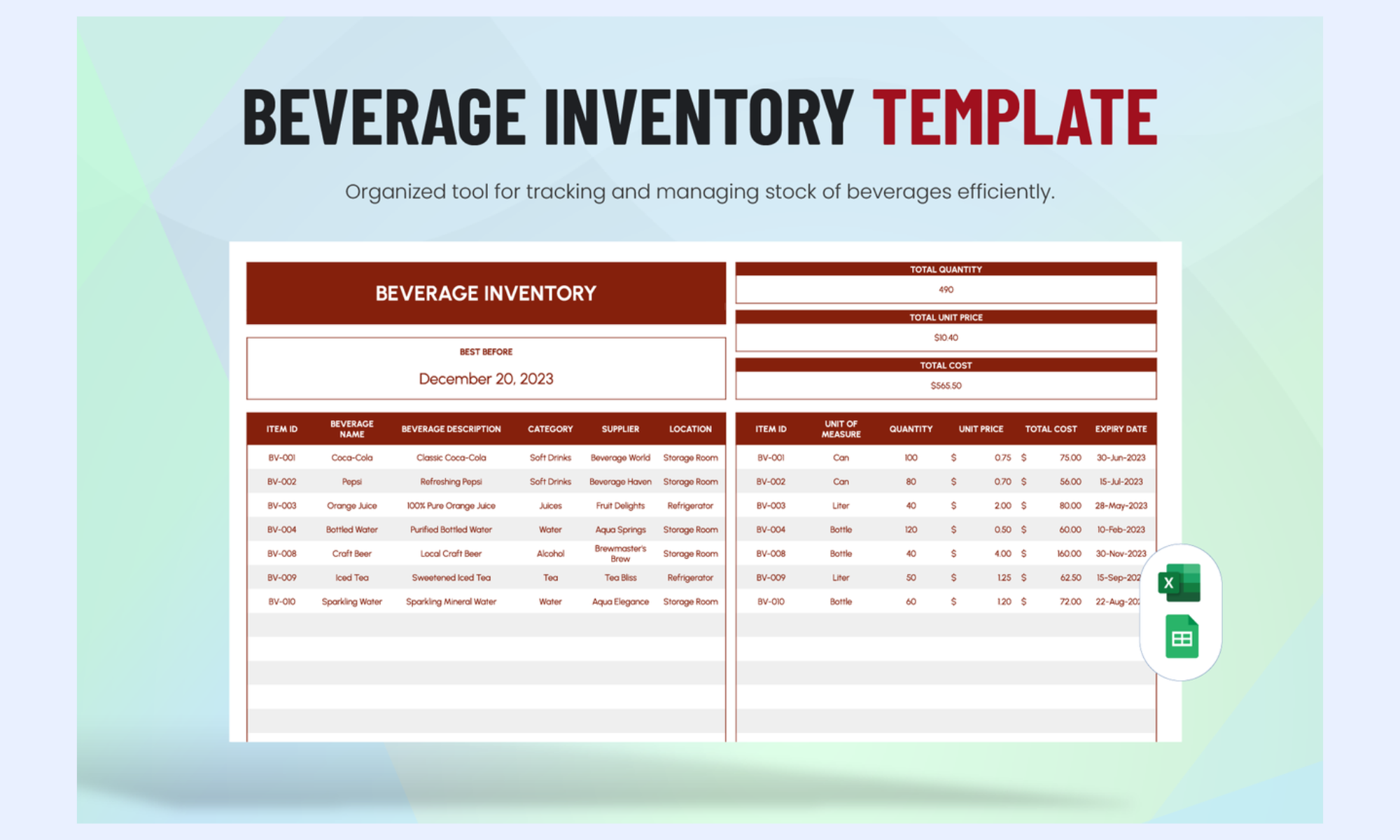 Food and beverage inventory spreadsheet template