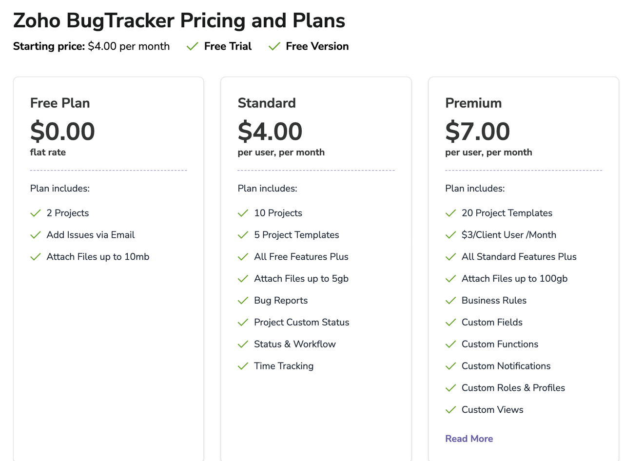 Explore Zoho bug tracker's pricing plans