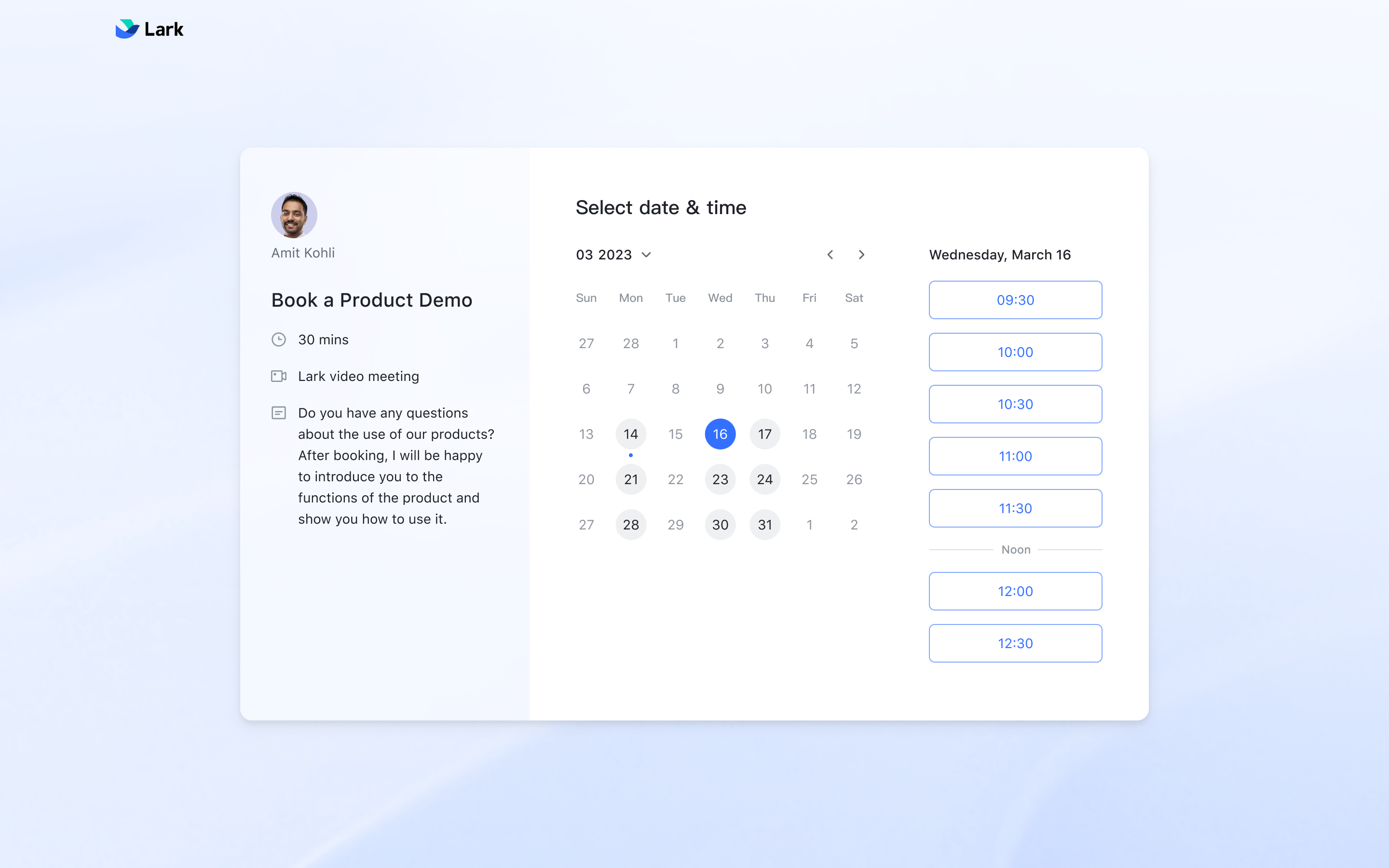 Automated external appointment booking using Lark Calendar