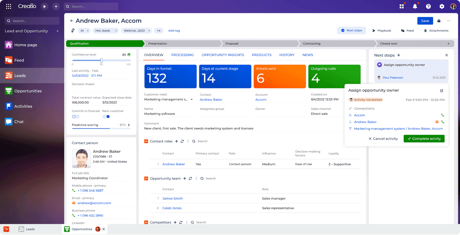 Creatio's interface for leads
