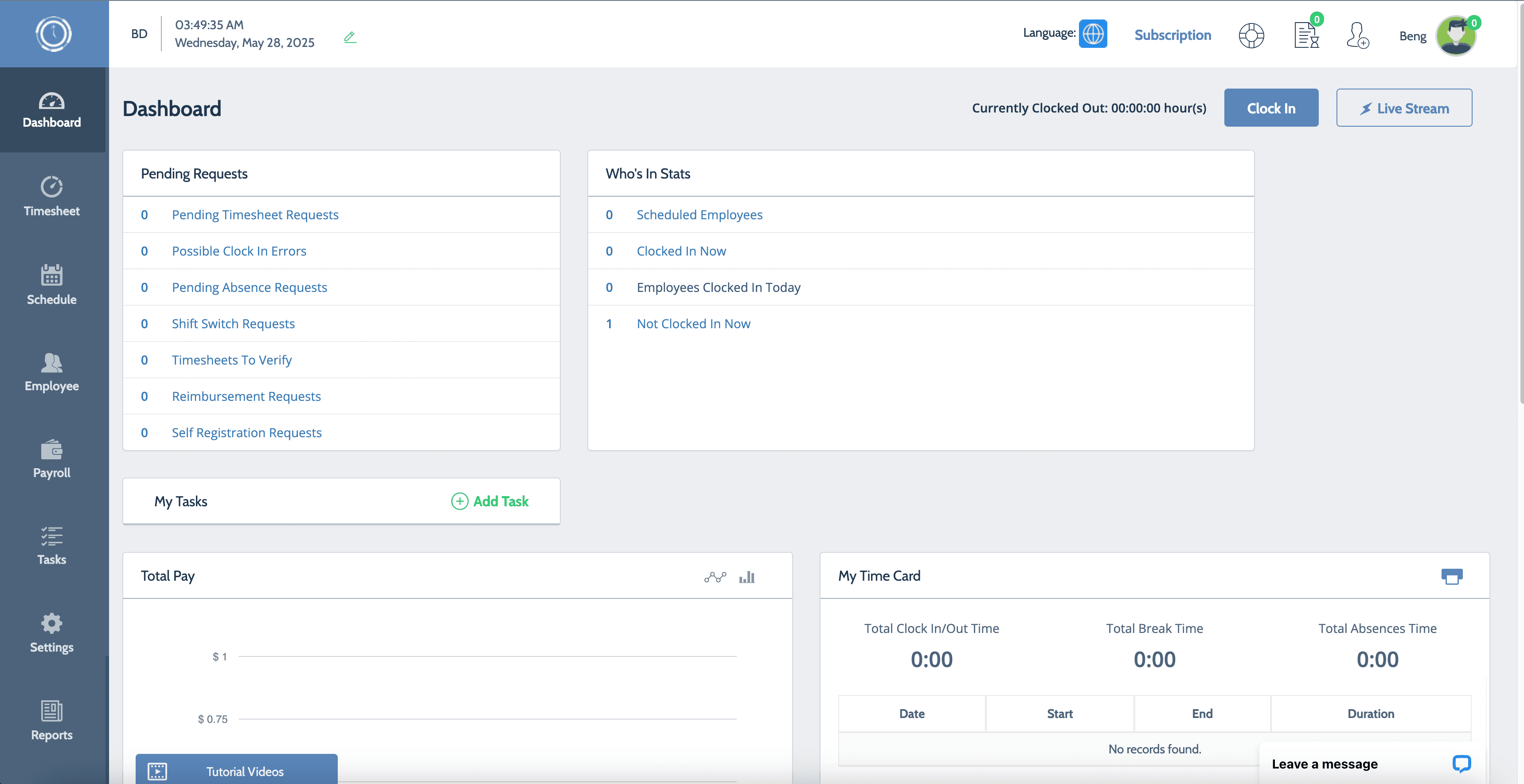 Time Clock Wizard's dashboard for managing clock in/out