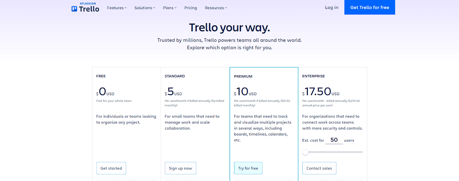 Screenshot of Trello's pricing page